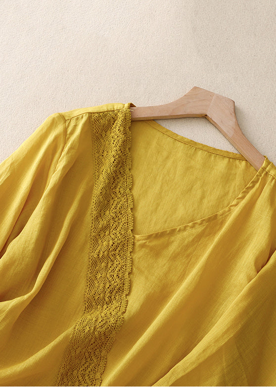 Women Yellow Asymmetrical Lace Patchwork Linen Shirts Summer