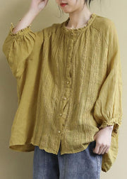 Women Yellow Button Embroidered Linen Shirts Long Sleeve