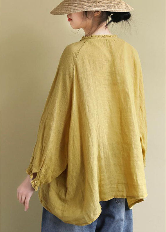 Women Yellow Button Embroidered Linen Shirts Long Sleeve