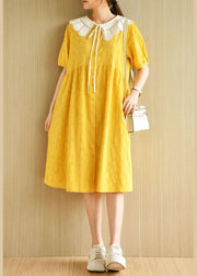 Women Yellow Button Patchwork Summer Cotton Short Sleeve Dress - SooLinen