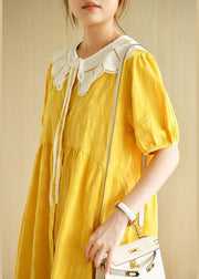 Women Yellow Button Patchwork Summer Cotton Short Sleeve Dress - SooLinen