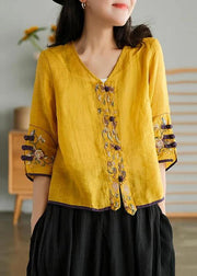 Women Yellow Casual Ramie Cardigan Embroidered Shirt - SooLinen