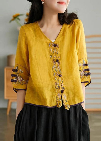 Women Yellow Casual Ramie Cardigan Embroidered Shirt - SooLinen