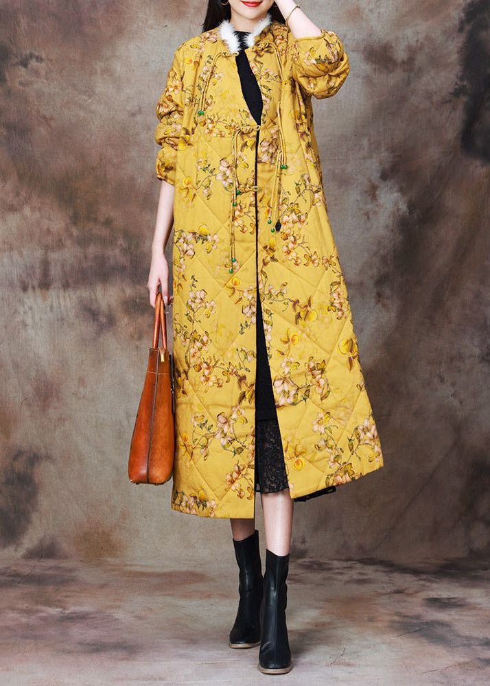 Women Yellow Chinese Button Print Cotton Filled Coat Long Sleeve