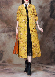 Women Yellow Chinese Button Print Cotton Filled Coat Long Sleeve
