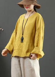 Women Yellow Clothes V Neck Embroidery Dresses Spring Blouse - SooLinen