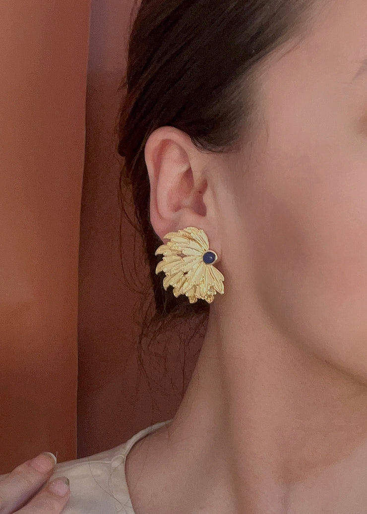 Women Yellow Copper Overgild Inlaid Gem Stone Stud Earrings