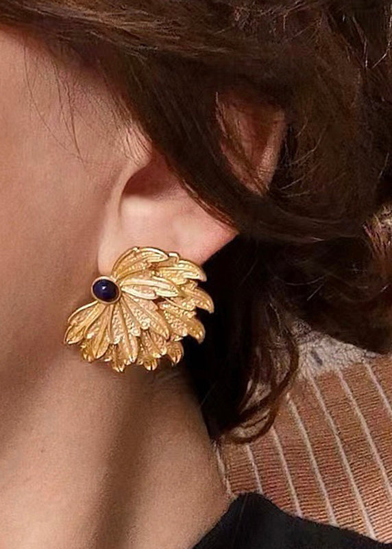Women Yellow Copper Overgild Inlaid Gem Stone Stud Earrings