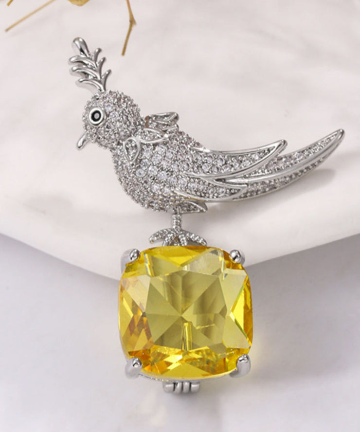 Women Yellow Copper Zircon Inlaid Gem Stone Little Bird Brooches