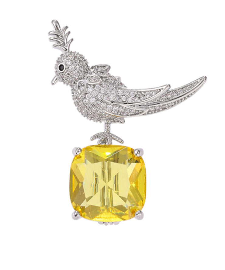 Women Yellow Copper Zircon Inlaid Gem Stone Little Bird Brooches