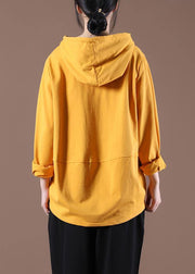 Women Yellow Cotton Unique Hooded Boho Spring Tops - SooLinen