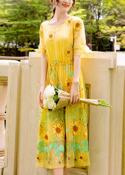 Women Yellow Daisy Embroidered Tie Waist Silk Vacation Dresses Flare Sleeve