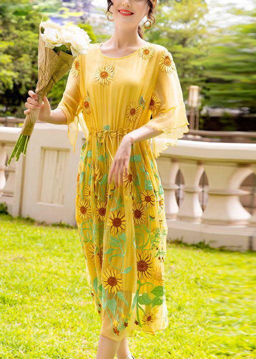 Women Yellow Daisy Embroidered Tie Waist Silk Vacation Dresses Flare Sleeve