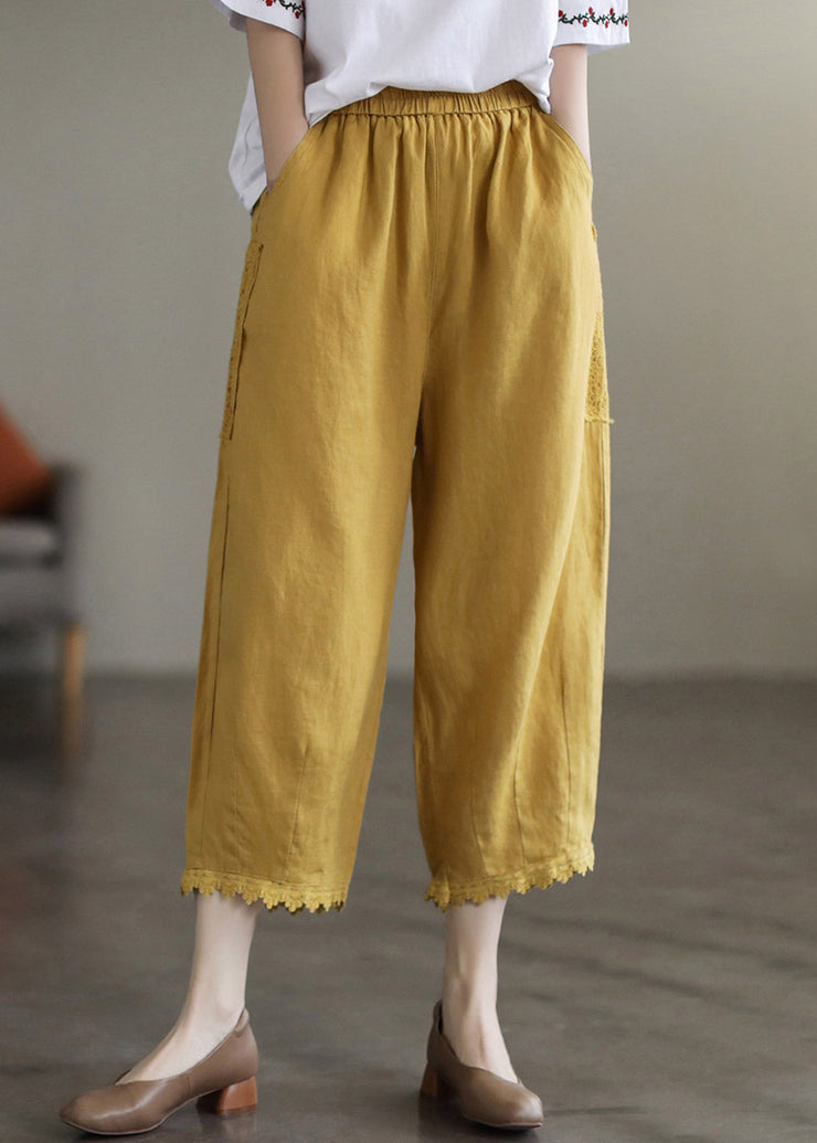 Women Yellow Elastic Waist Lace Patchwork Solid Harem Pants