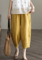 Women Yellow Elastic Waist Lace Patchwork Solid Harem Pants