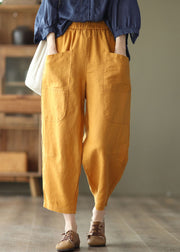 Women Yellow Elastic Waist Pockets Linen Harem Pants Spring
