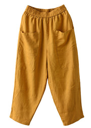Women Yellow Elastic Waist Pockets Linen Harem Pants Spring