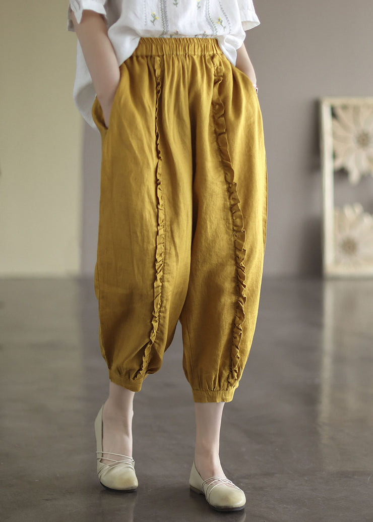 Women Yellow Elastic Waist Ruffled Pockets Linen Harem Pants Summer