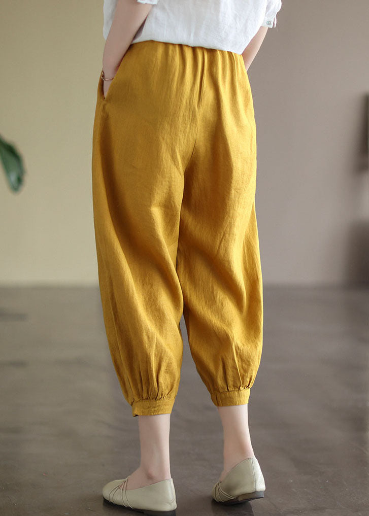 Women Yellow Elastic Waist Ruffled Pockets Linen Harem Pants Summer