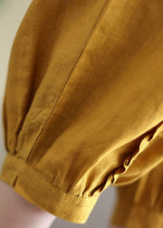 Frauen Gelbe elastische Taille gekräuselte Taschen Leinen Haremshose Sommer
