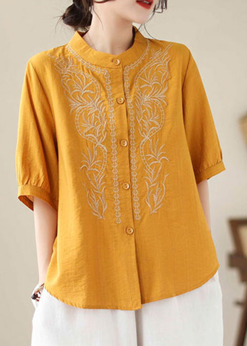 Women Yellow Embroideried Button Cotton T Shirt Short Sleeve