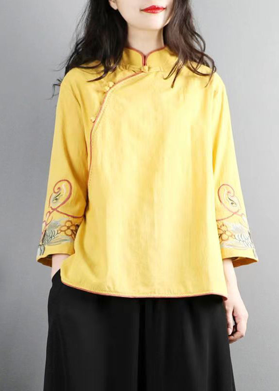 Women Yellow Embroideried Chinese Button Cotton Top Bracelet Sleeve