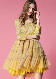 Women Yellow Embroidered Lace Patchwork Tulle Dress Bracelet Sleeve