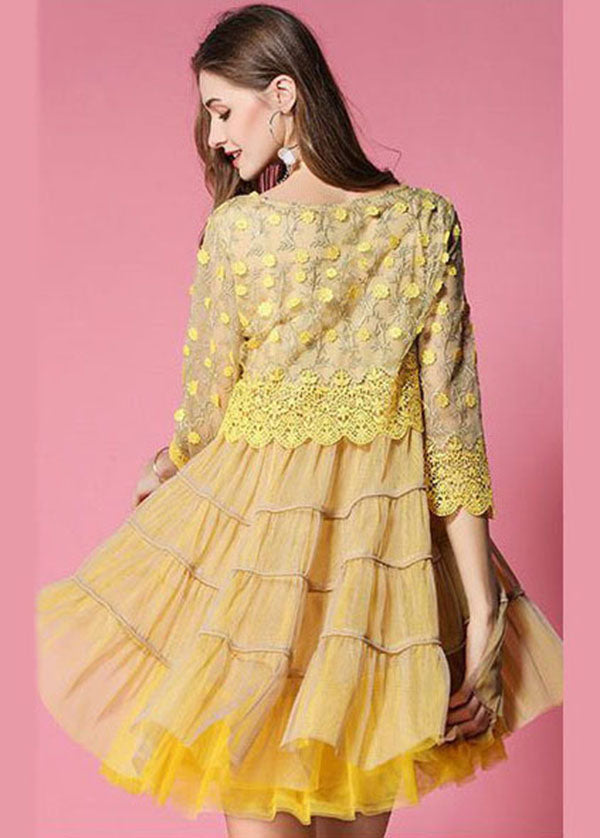 Women Yellow Embroidered Lace Patchwork Tulle Dress Bracelet Sleeve