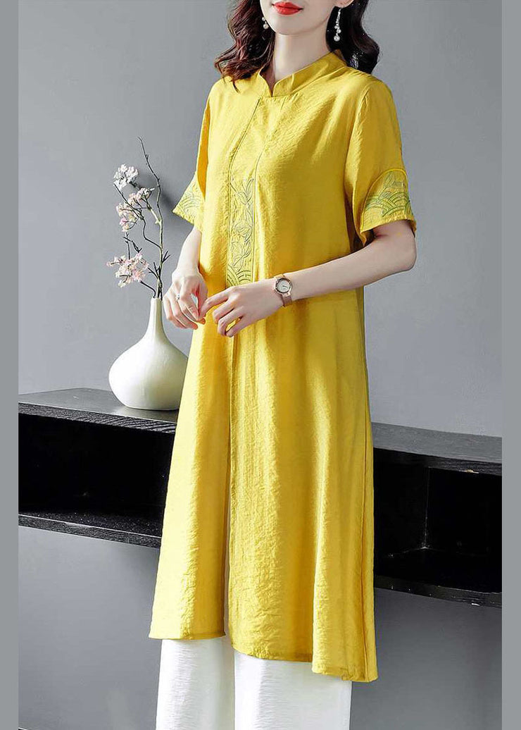 Women Yellow Embroidered Side Open Linen Two Piece Set Spring