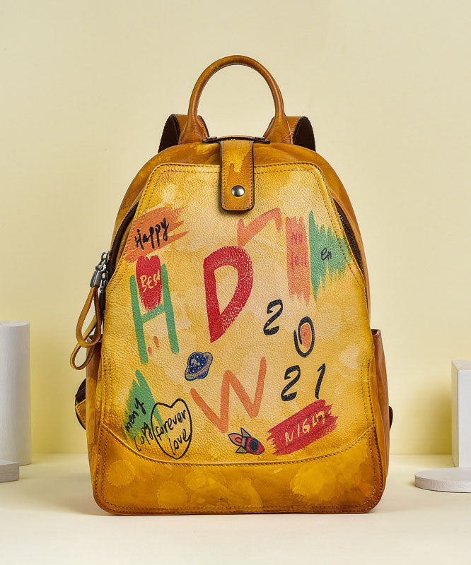 Women Yellow Graffiti Paitings Calf Leather Backpack Bag