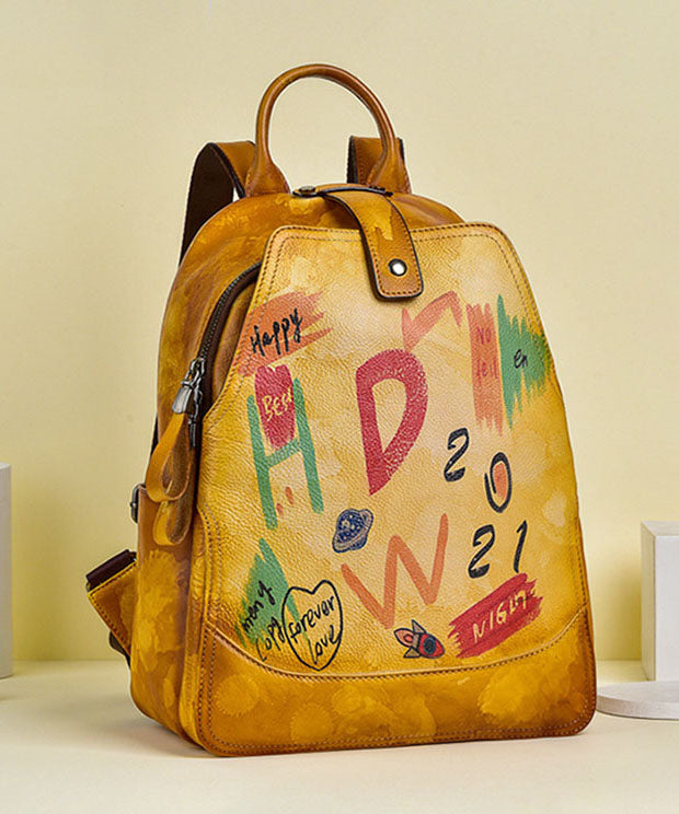 Women Yellow Graffiti Paitings Calf Leather Backpack Bag