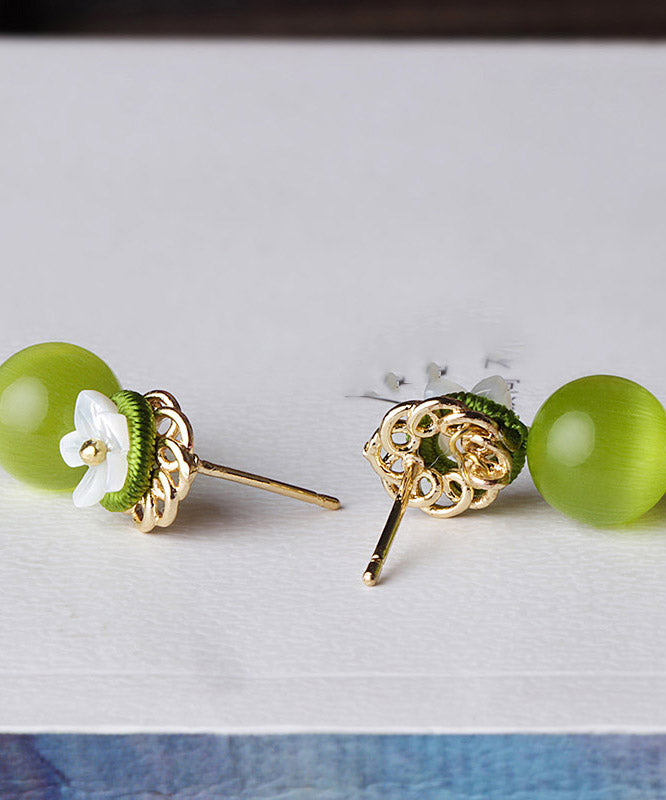 Women Yellow Green Shell Flower Cymophanite Drop Earrings