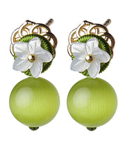 Women Yellow Green Shell Flower Cymophanite Drop Earrings