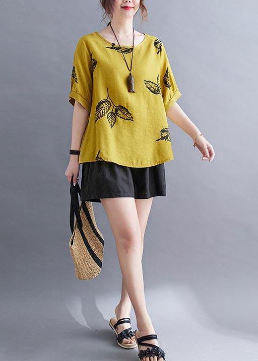 Women Yellow Half Sleeve Shirt Tops Summer Cotton Linen - SooLinen
