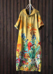 Women Yellow Hooded Print Patchwork Cotton T Shirt Dress Summer
