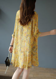 Women Yellow Lace Up Patchwork Print Chiffon Party Dress Summer