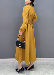 Women Yellow Notched Elastic Waist Wrinkled Spandex Long Dress Spring