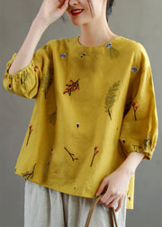Women Yellow O-Neck Embroidered Patchwork Linen T Shirts Summer