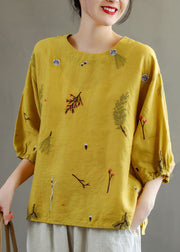 Women Yellow O-Neck Embroidered Patchwork Linen T Shirts Summer