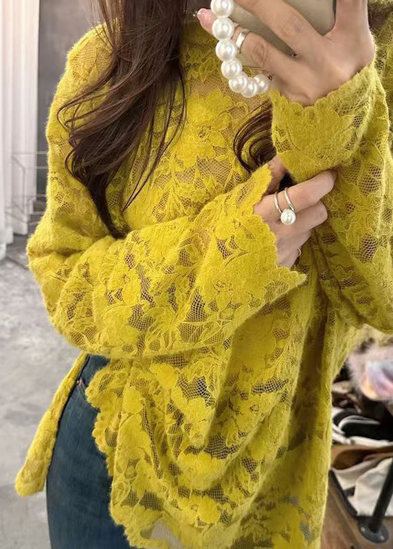 Women Yellow O Neck Hollow Out Lace Top Long Sleeve