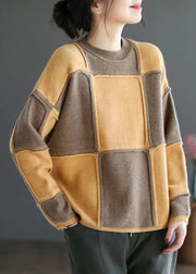 Women Yellow O-Neck Patchwork Knit Top Long Sleeve