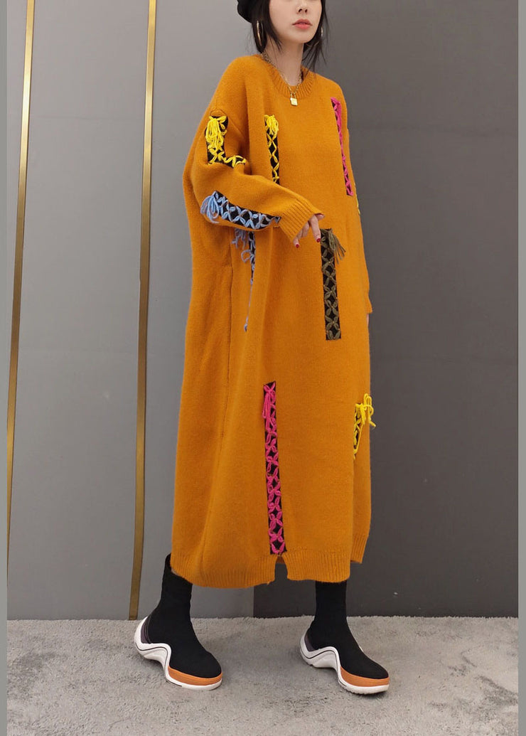 Frauen Gelb O-Neck Patchwork Knit lange Kleider Langarm