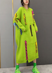 Women Yellow O-Neck Patchwork Knit long Dresses Long Sleeve