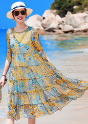 Women Yellow O-Neck Patchwork Print Silk Holiday Dress Short Sleeve