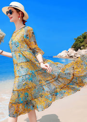 Damen Gelb O-Neck Patchwork Print Silk Holiday Dress Short Sleeve