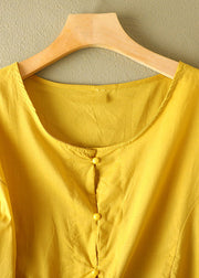 Frauen Gelb O-Neck Patchwork zerknitterte Baumwollhemd-Armband-Hülse