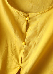 Frauen Gelb O-Neck Patchwork zerknitterte Baumwollhemd-Armband-Hülse