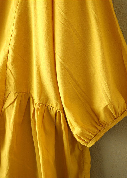 Women Yellow O-Neck Patchwork Wrinkled Cotton Shirt Bracelet Sleeve