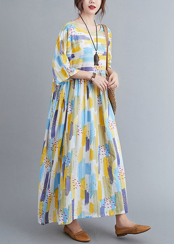 Women Yellow O-Neck Print Long Dress Spring