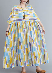 Women Yellow O-Neck Print Long Dress Spring